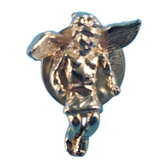Monogram Inital E Angel Brooch  Gold Tone Cherub Religious Lapel Pin Letter - Picture 6 of 6